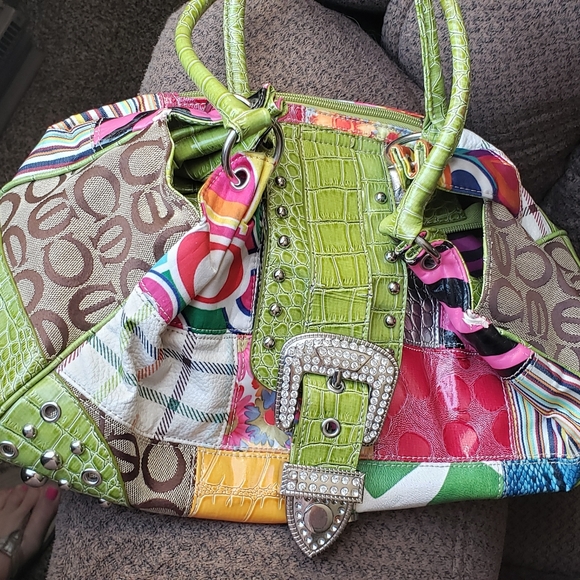 Patchwork multi texture Lime green pink leopard great condition handbag - Picture 2 of 15